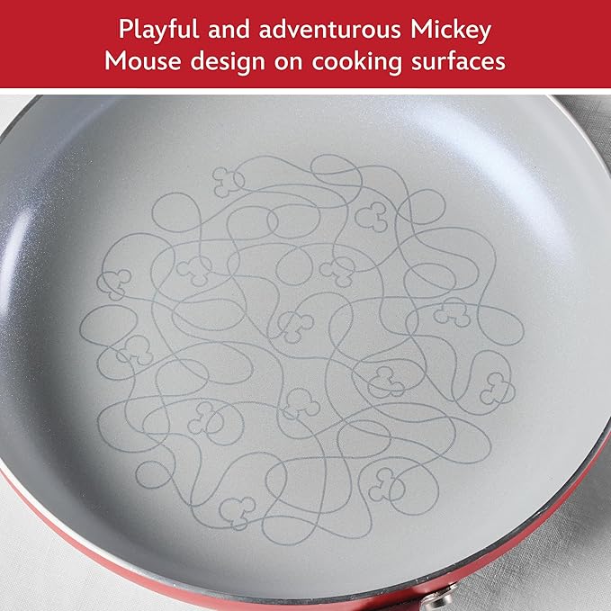 Farberware Disney Bon Voyage Ceramic Nonstick Pots and Pans Set with Baking Sheet/Cookie Pan and Disney Home Kitchen Tools, 8 Piece Non Stick Cookware Set - Red