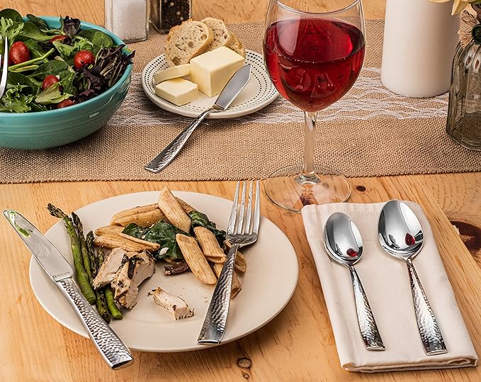 Hudson Essentials 65-Piece Hammered 18/10 Stainless Steel Silverware Cutlery Set, Flatware Service for 12