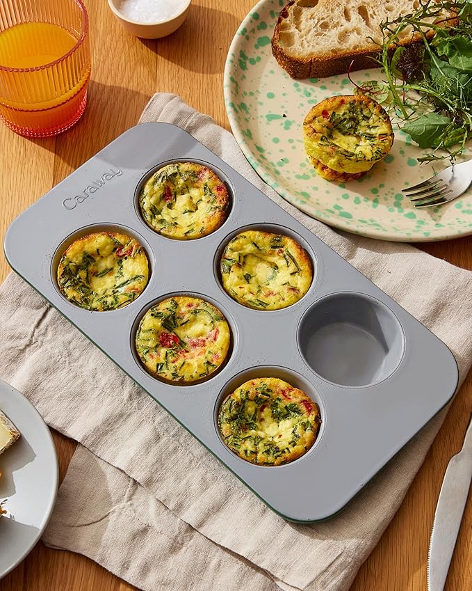 Caraway Nonstick Ceramic 6 Cup Muffin Pan ??Non-Toxic, PTFE & PFOA Free ??Oven Safe ??Aluminized Steel Core ??Small Muffin Pan for Baking Cupcakes, Muffins & More - Slate