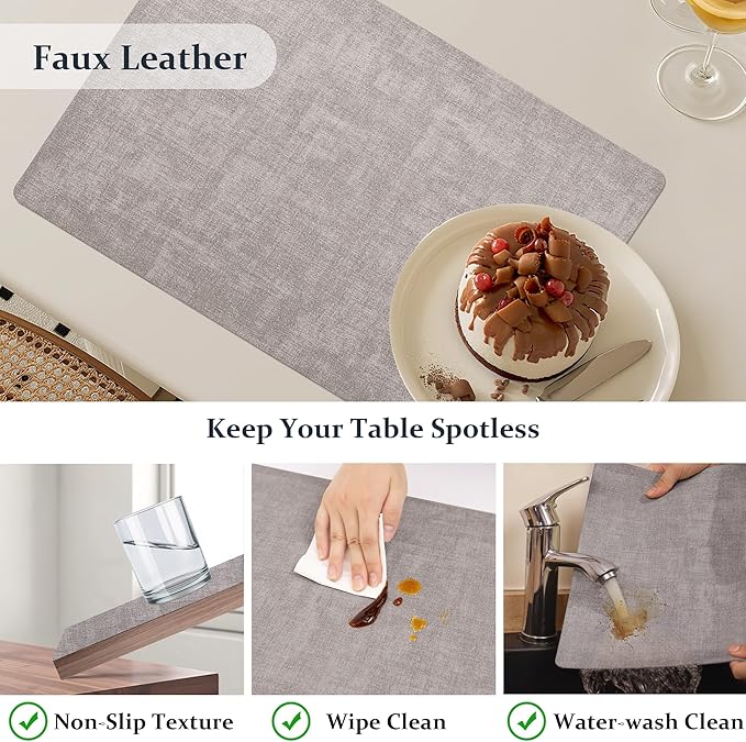 FROMHEART Faux Leather Placemats Set of 4?밯aterproof,Heat/Oil Stain-Resistant PU Table Mat?밨eversible,Non-Slip,Easy to Clean Place Mats for Kitchen,Dining,Indoor/Outdoor,(Light Grey,11.8" x 17")