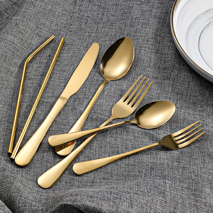 84 Pieces Gold Silverware Service for 12 Flatware Set Stainless Steel Utensils Cutlery Set Dishwasher Safe Flatware (Gold, 84)