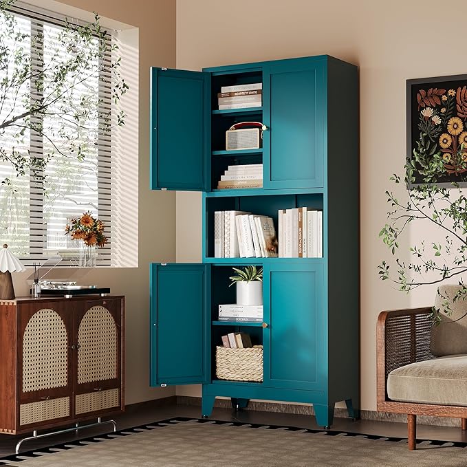 69"H Metal Pantry Cabinet with Microwave Stand,Tall Kitchen Storage Cabinets,Blue Food Pantry Cabinet with 4 Doors and Shelves, Large Hutch Cabinets for Kitchen, Dining Room, Living Room and Bathroom