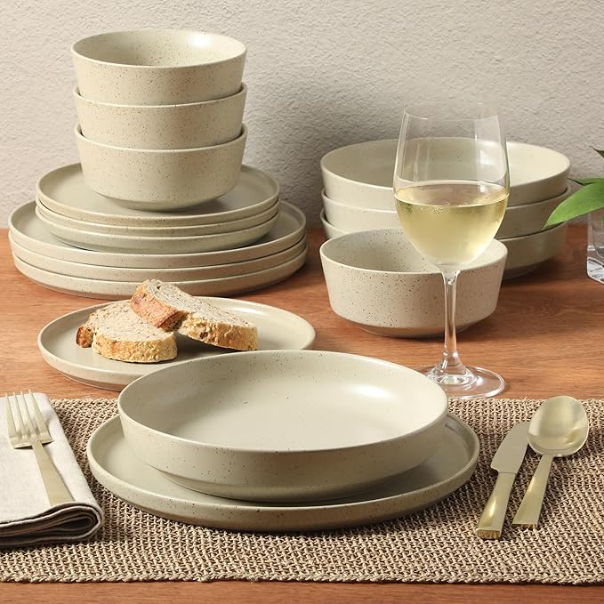 Gibson Elite Overbrook 16-Piece Pottery Clay Stoneware Dinnerware Set ??White Reactive Glaze, Stackable Plates and Bowls w/Pasta Bowl, Service for 4 ??Microwave & Dishwasher Safe