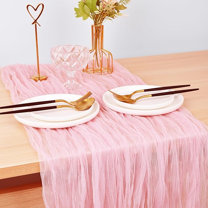 Joanlody Blushing Pink Cheesecloth Table Runner Spring Easter 10Ft Rustic Gauze Boho Cheese Cloth Table Runner for Wedding Bridal Baby Shower Decoration 10 Pack