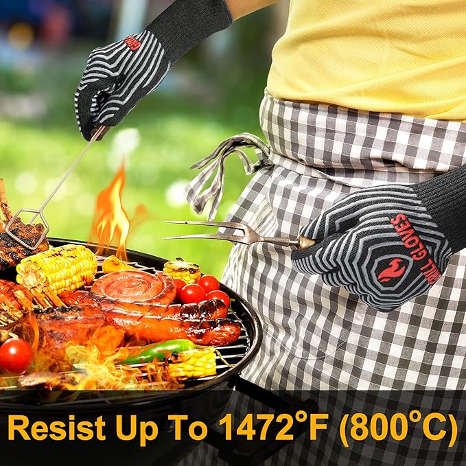 QUWIN BBQ Gloves, Oven Gloves 1472??Extreme Heat Resistant, Grilling Gloves Silicone Non-Slip Oven Mitts, Kitchen Gloves for BBQ, Grilling, Cooking, Baking-1 Pair??(Black, One Size(Long Cuff))