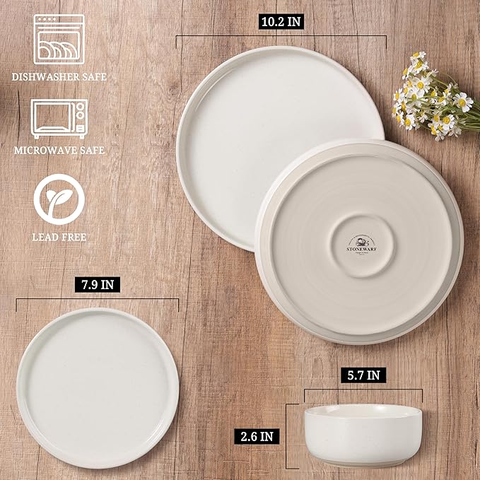 HaWare Stoneware Dinnerware Sets, 24-Piece Plates and Bowls Set for 8, Dishes Set for Home Restaurant, Speckled Milky White