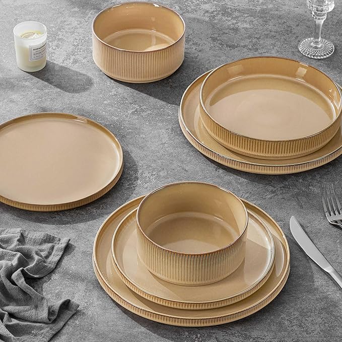 LIANYU 8 Piece Dinnerware Plates and Bowls for 2, Ceramic Elegant Stoneware Dishes Sets with Pasta Bowls, Modern Ribbed Dining Ware Dishware for Restaurant Wedding, Dishwasher Safe, Dune Khaki