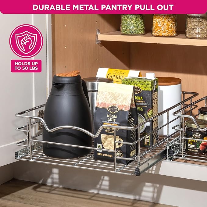 HOLDN??STORAGE Heavy-Duty Premium Collection Pull Out Cabinet Organizer, Cabinet Drawer Slide Outs, Lifetime Limited Warranty - Basket Size 11" W x 21" D x 5" H, Anti-Rust Chrome Finish