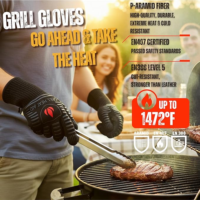 GRILL HEAT AID Extreme Heat Resistant BBQ Gloves - 1472째F Heat Proof Grill Gloves for Grilling EN407 Certified Fireproof Gloves for Fire Pit & Smoker, High Temp Grill Mitts for Outdoor Cooking & Oven