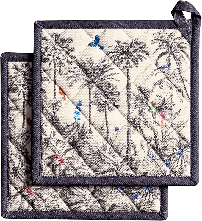 Maison d' Hermine Pot Holders Set 100% Cotton Heat Resistant Potholders 8" x 8" Hot Pads with Loop for Thanksgiving Christmas Decorations BBQ Cooking Baking Handling Hot Pans (Pack of 2, Amazonia)