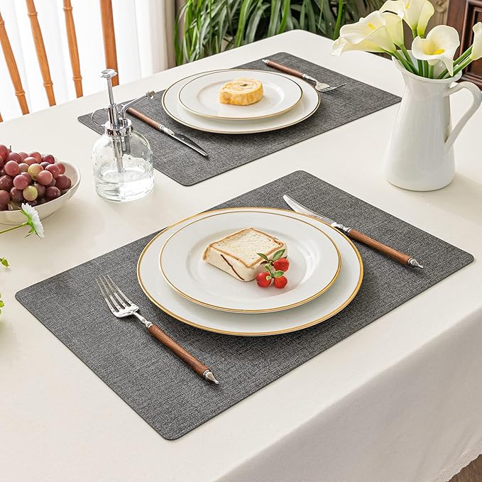Romanstile Vinyl Placemats Set of 6-12 X 17 Inch - Heat Resistant Place Mats 100% Waterproof Oilproof Wipeable Reversible Faux Leather Table Mats for Kitchen, Dining, Party, Outdoor, Dark Grey