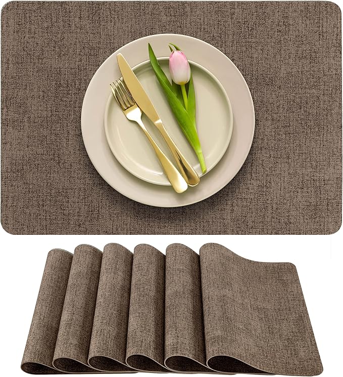 More D챕cor Faux Leather Placemats Set of 6 for Dining Table ??Waterproof, Wipeable, Washable, Stain & Heat Resistant, Non-Slip Table Mats ??12 X 17 Inch, Brown