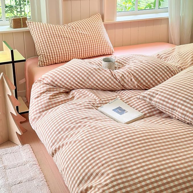 LifeTB Pink Gingham Comforter Set King Modern Style Pink Plaid Comforter Set Fluffy 3 Pieces Grid Checkered Pattern Boho Comforter with 2 Pillowcases Farmhouse Gingham Plaid Bedding Set King