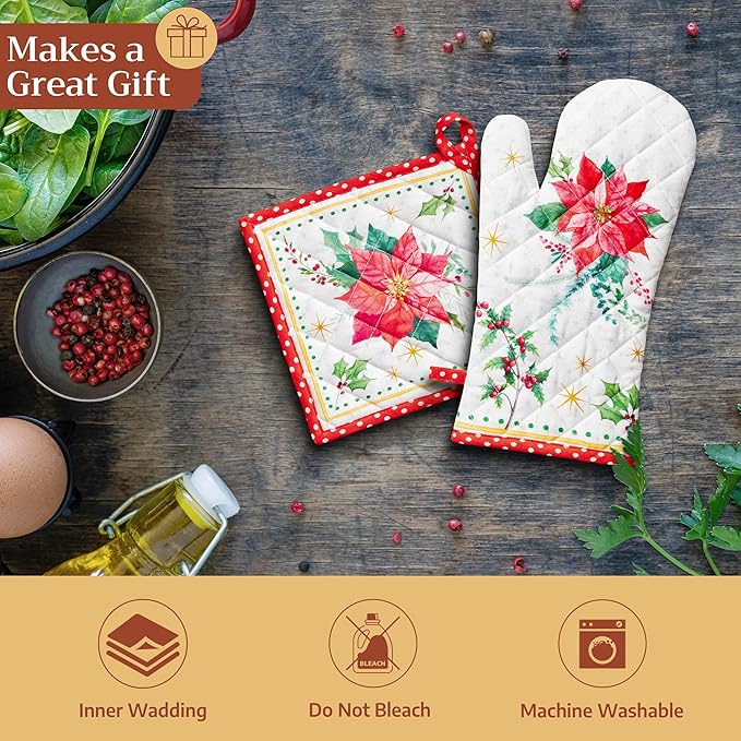 Maison d' Hermine Pot Holders 100% Cotton Heat Resistant Potholders 8" x 8" Hot Pads with Loop for Thanksgiving Christmas Decorations BBQ Cooking Handling Hot Pans (Pack of 1, Poinsettia Christmas)