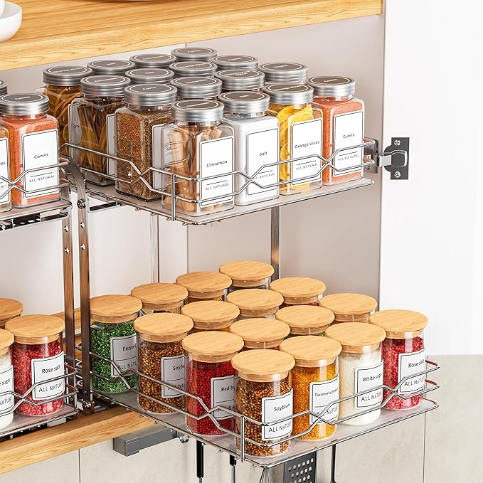Pull Out Spice Rack, 2 Tier Spice Organization for Cabinet, Heavy Duty Spice Rack, 9-1/4 inch Wide - Spice Racks for Inside Cabinets, Kitchen, Pantry - Chrome, 9.25?쓂 x 10.39?쒭 x 9.76?쒱