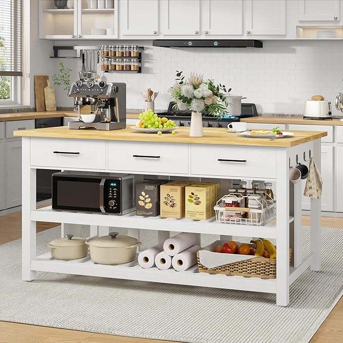 60" Solid Rubberwood Kitchen Island with Power Outlets - Extra Large Work Surface, 3 Drawers & 2 Open Shelves Storage Cabinet for Kitchen Dining Room, Farmhouse Style (White)