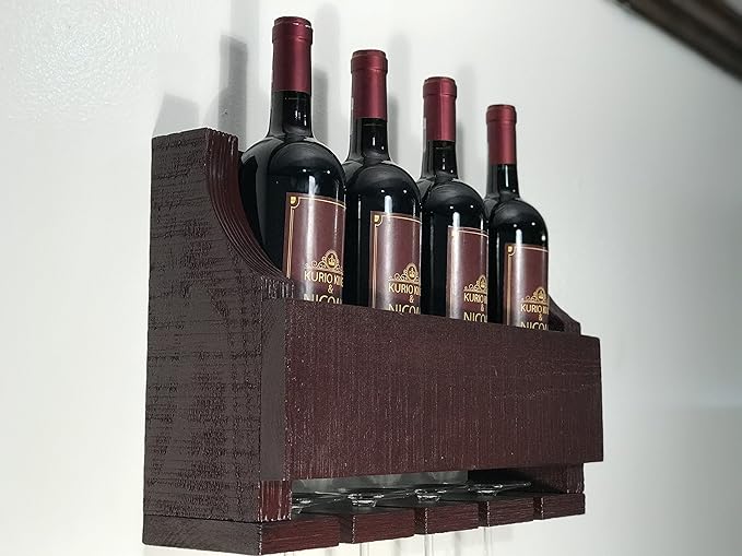 Barnwood Wall Mount Wine Rack Holds 4 Wines and 4 Long Stem Glass Rustic Reclaimed Wood (Aged Barn Red)