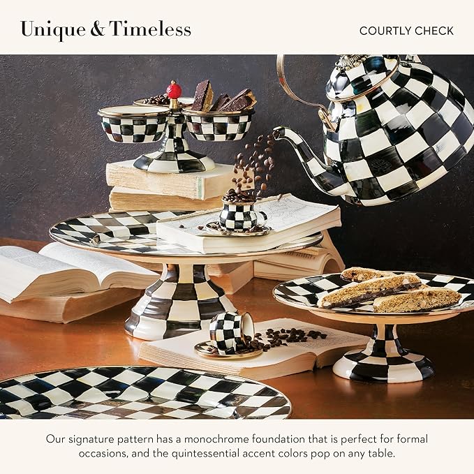 MACKENZIE-CHILDS Espresso Cup and Saucer Set, Cute Small Coffee Cups and Saucers, Set of 2, Black-and-White Courtly Check