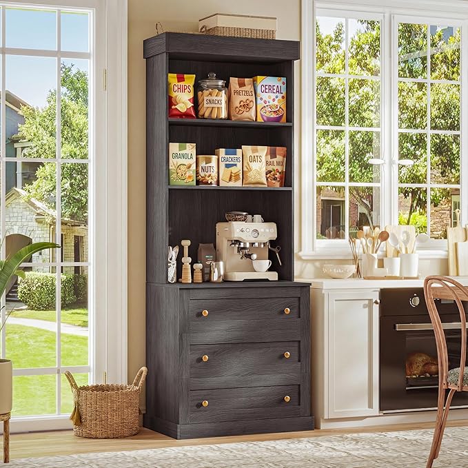 Vyre 71" Farmhouse Kitchen Pantry Cabinet Set of 3, Black Freestanding Coffee Bar Hutch with Drawers & Adjustable Shelves, Large Storage Cabinet with Microwave Stand for Living Room & Kitchen