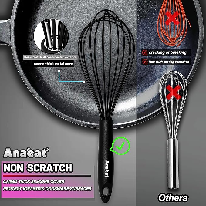 Anaeat Silicone Kitchen Whisk Set of 4, Perfect for Non-Stick Cookware, Egg Beater Milk Blender for Whisking, Cooking, Baking, Beating - 11'' Flat Whisk and 9''+11''+12'' Balloon Whisks (Black)