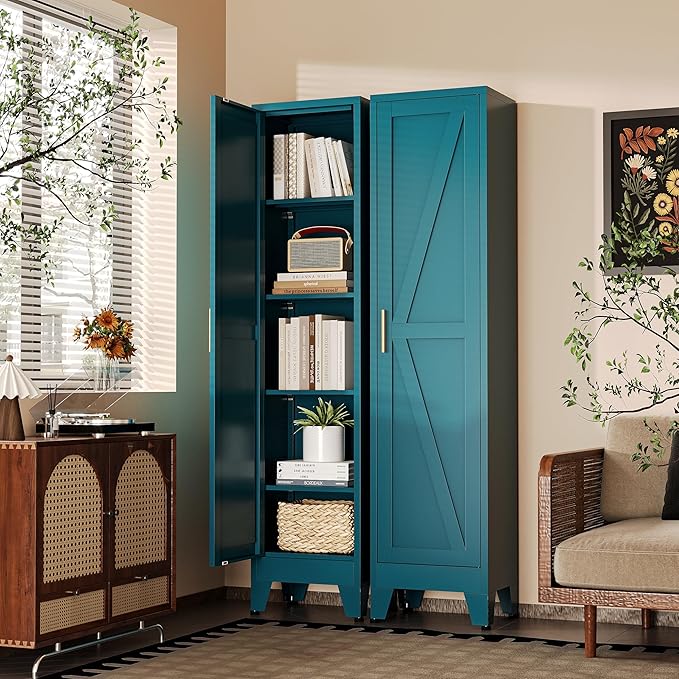 67?쏦 Blue Narrow Kitchen Cabinet, Metal Skinny Pantry Storage Cabinet,Tall Narrow Bathroom Storage Cabinet with Adjustable Shelves,Slim and Thin Pantry Cabinets for Living Room Dining Room