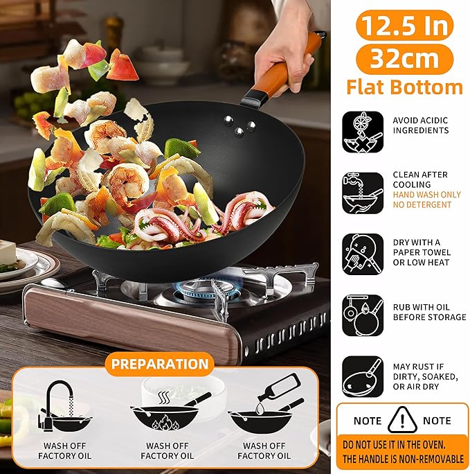12.5-Inch Carbon Steel Wok with Lid ??Pre-Seasoned Flat Bottom Stir-Fry Pan, Nonstick Wok for Induction, Gas, Electric & All Stovetops ??Chinese Wok with Glass Lid