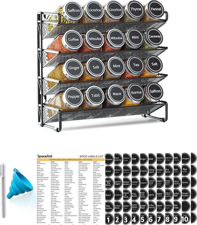 SpaceAid Spice Rack Organizer with 20 Spice Jars, 386 Spice Labels, Chalk Marker and Funnel Set for Cabinet, Countertop, Pantry, Cupboard or Door & Wall Mount - 20 Jars, 9.8" W 횞 10.8?쏦, Black