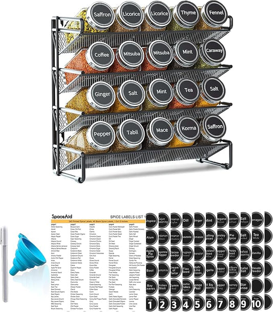 SpaceAid Spice Rack Organizer with 20 Spice Jars, 386 Spice Labels, Chalk Marker and Funnel Set for Cabinet, Countertop, Pantry, Cupboard or Door & Wall Mount - 20 Jars, 9.8" W 횞 10.8?쏦, Black