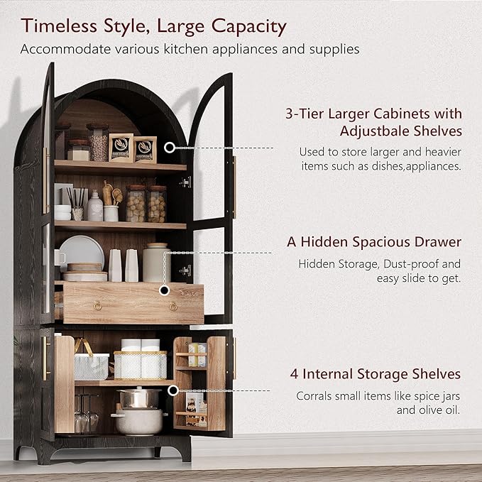 GDFStudio Mariah 71" Tall Arched Kitchen Pantry Cabinet with Hidden Drawer, Glass Door & Adjustable Shelves, Farmhouse Storage Cabinet Cupboard for Kitchen Dining Room, Home Pantry Storage, Black
