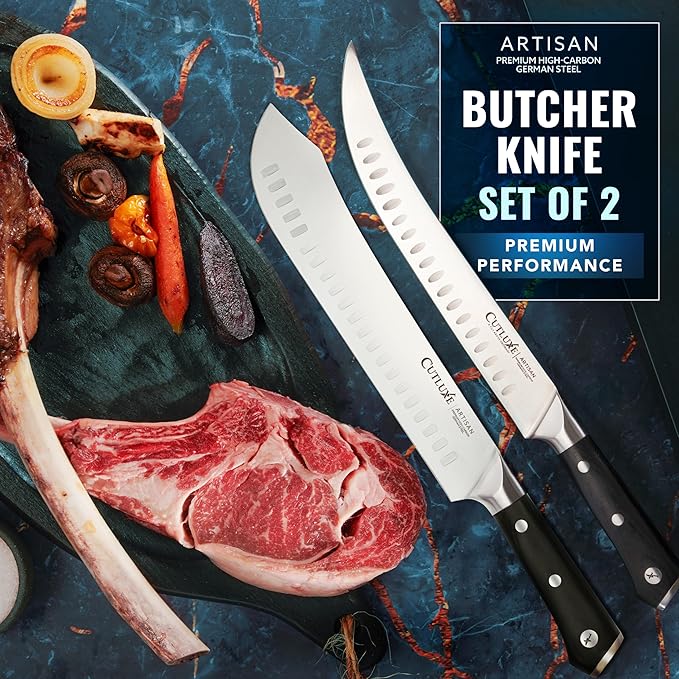 Cutluxe Butcher Knife Set ??Cimeter Breaking & Bullnose Carving Knives for Meat Cutting ??Professional Knife Set, Razor Sharp German Steel,Full Tang, Ergonomic, Butcher Knives for BBQ ??Artisan Series
