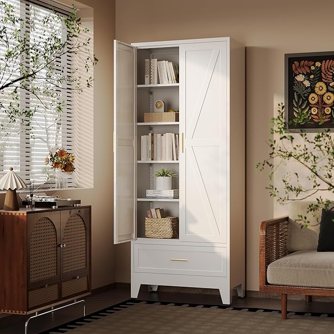 71?쏦 Kitchen Pantry Cabinet with Drawers,Tall Kitchen Pantry Cabinets,Metal Food Storage Cabinets, White Pantry Cabinet with 4 Doors, Large Freestanding Cabinets for Dining Room, Living Room