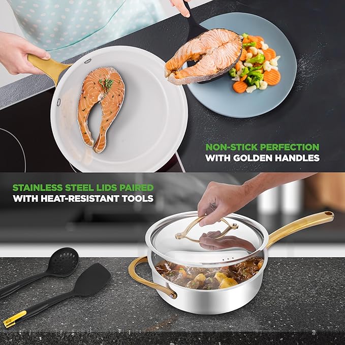 NutriChef 16-Piece Stainless Steel Kitchenware - Pots & Pans Set Clad Kitchen Cookware with Nylon Utensils, Fry Pan Interior Coated with Prestige Ceramic Non-Stick Coating, Stylish Kitchen Cookware