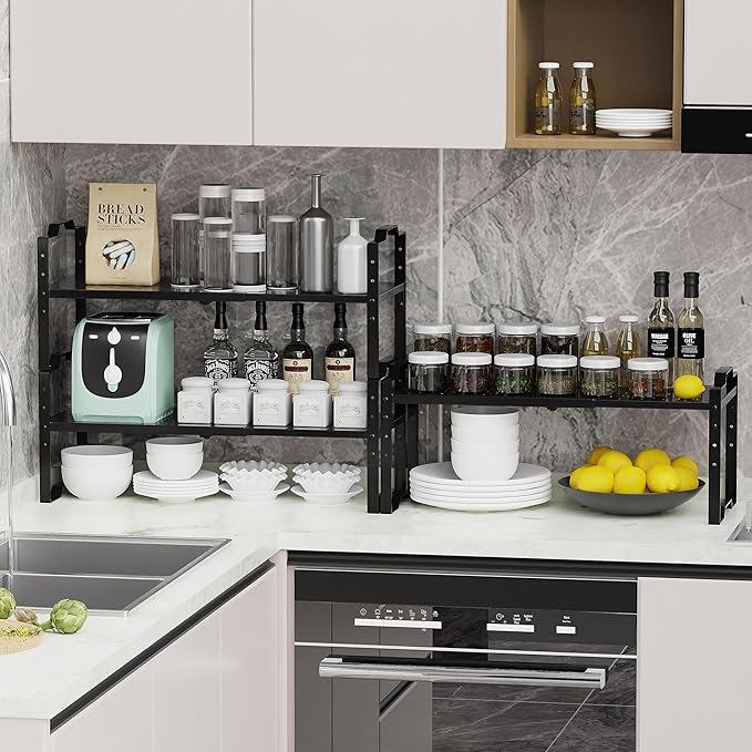 Expandable Shelf Cabinet Organizer Adjustable Stackable Spice Rack at Kitchen and Bathroom More, Countertop Cupboard Organization Pantry Storage (1 Pack/Black, M)