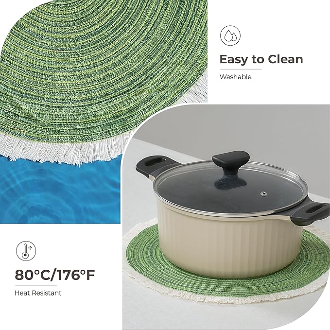 Leetaltree 15 Inch Boho Braided Christmas Placemats Set of 6 - Round Cotton Table Mats with Tassel Fringe Washable & Heat Resistant for Dining Table, Farmhouse Kitchen Decor(Green,Set of 6)