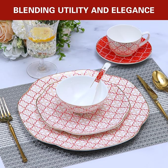 24 Piece Red Poreclain Dinnerware Set,Bone china Set for 4,Ceramic Plates and Bowls Sets With checkered cross pattern,Highly Chip and Crack Resistant | Oven & Dishwasher (Red + Checkered Cross)