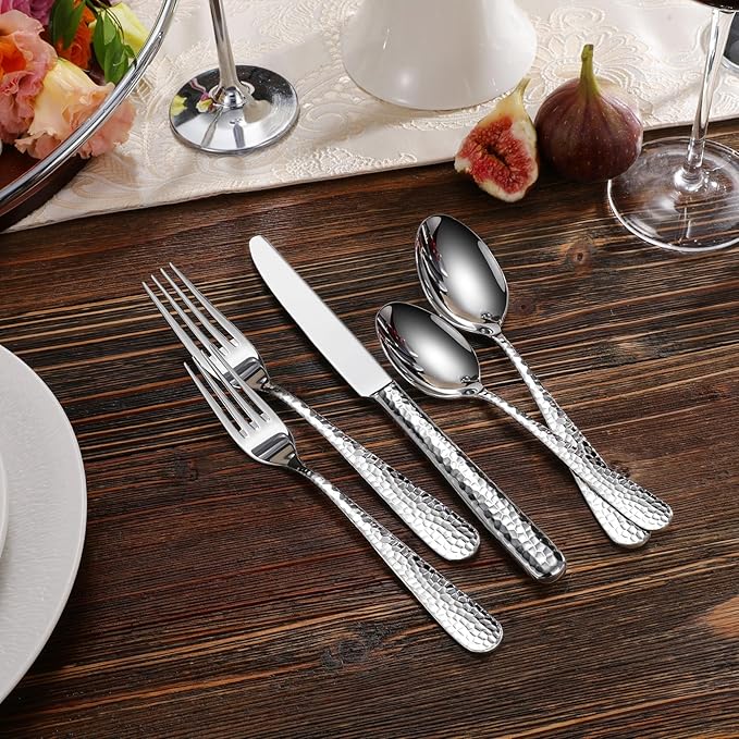 KEAWELL Premium 20/45/65 Piece Louise Hammered Silverware Set with Round Edge, 18/10 Stainless Steel, Service for 4/8/12, Fine Flatware Set, Dishwasher Safe (45)