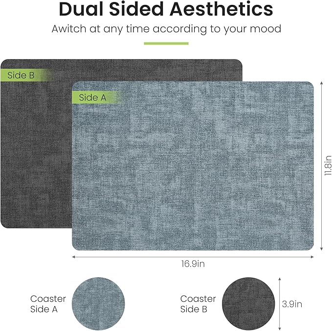 Fyvva Placemats Set of 4, Faux Leather Heat Resistant Wipeable Placemats, Dual Sided Waterproof Washable Table Mats with Coaster, Suitable for Kitchen, Dining, Table Decor (4, Black Light Blue)
