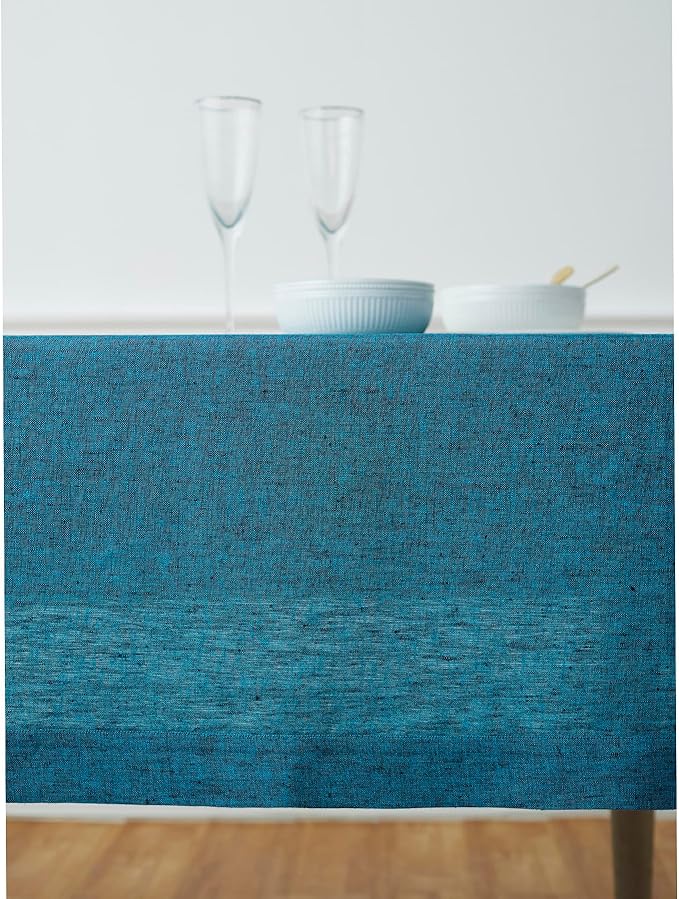Solino Home Linen Tablecloth 60 x 120 Inch - 100% Pure Linen Chambray Teal Table Cloth for Rectangle Tables - Athena, Machine Washable Tablecloth for Spring, Easter, St Patricks Day