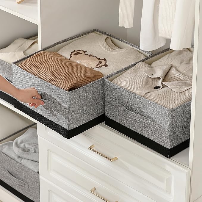Linen Folding Storage Bins, 3 Pack Large Storage Baskets, Washable, Clothing Storage Bins with Handle, Closet Organizer for Storage Sweater,Sheets (gray black, 18쩍"x13쩍"x8쩍")