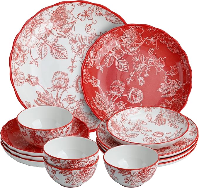 12-Piece Dinnerware Set with Red and White Plates, Service for 4, Microwave and Dishwasher Safe
