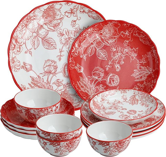12-Piece Dinnerware Set with Red and White Plates, Service for 4, Microwave and Dishwasher Safe