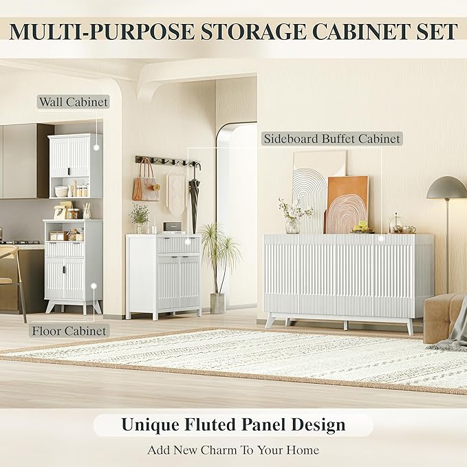 FLOWBACK Fluted Buffet Cabinet with Storage,34" Tall Kitchen Sideboard Cabinet Modern Credenza with Fluted Doors & Shelves Farmhouse Coffee Bar Media Console Accent Cabinets for Living Room, Entryway