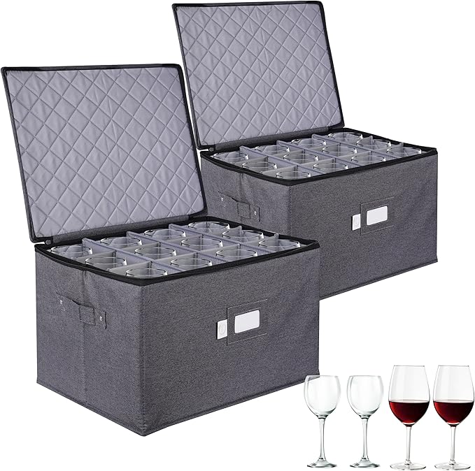 Luxula Wine Glass Storage Box 2-Pack, China Storage Containers with Dividers for 24 Glasses, 11'' Tall, Rigid Sides, Dual Zipper & Handles, Stackable Glassware Storage Organizer for Moving & Home Use