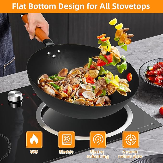 12.5-Inch Carbon Steel Wok with Lid ??Pre-Seasoned Flat Bottom Stir-Fry Pan, Nonstick Wok for Induction, Gas, Electric & All Stovetops ??Chinese Wok with Glass Lid