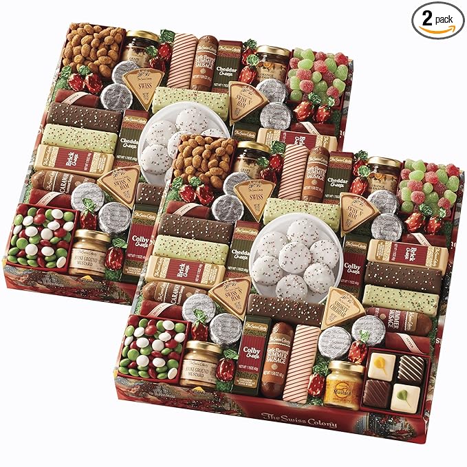 2 Holiday Gift Boxes - The Swiss Colony 43 Season Pleasers - Assorted Summer Sausage Meats, Mini Meat Sticks, Cheese Bricks and Wedges, Candies, & Chocolate Treats, Meat and Cheese Gift Set
