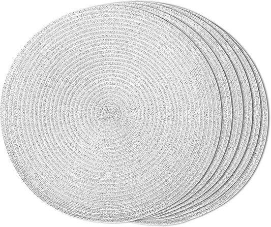 FunWheat Round Braided Placemats Set of 6 Table Mats for Dining Tables Woven Washable Non-Slip Place mats(Shining Sliver, 6pcs)