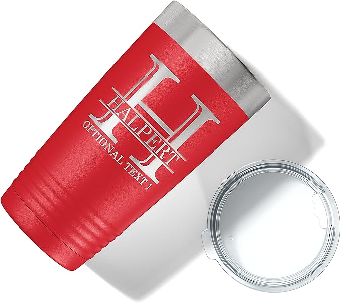 Personalized 20oz (17 Colors) Powder Coated Insulated Stainless Steel Tumbler with Lid, Custom Etched, Customized Engraved Gift Idea for Women Men Her Him, Halpert Monogram Initial Name (Red)