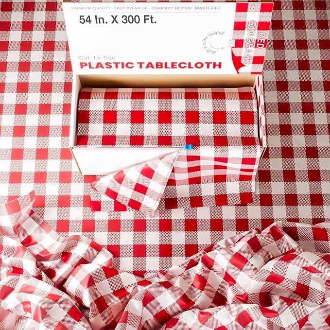 Party Solids 54 Inch X 300 Feet Red Gingham Plastic Table Cover Roll in A Cut - to - Size Box with Convenient Slide Cutter. Cuts Up to 36 Rectangle 8 Feet Plastic Disposable Tablecloths