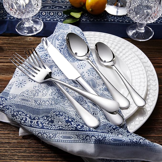 KEAWELL Premium Verona 65-Piece Silverware Set for 12 ??Heavy Duty 18/10 Stainless Steel, Brilliant Mirror Finish, Smooth Edges, Dishwasher Safe (65, Silver)