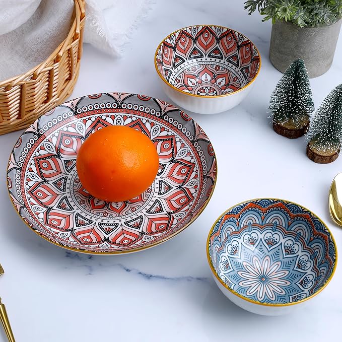 Bohemian Style Porcelain Dinnerware Set, 12-Piece Plates & Bowls, Microwave & Dishwasher Safe, Unique Pattern Gift Set